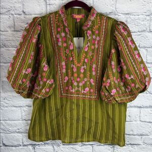 THML Green Faith Blouse with Pink Embroidery
